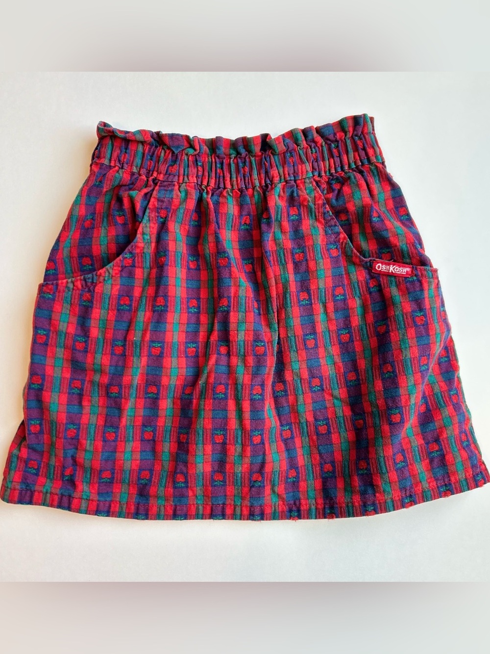 Vintage OshKosh B'gosh Red, Green & Blue Plaid Elastic Waist Skirt- Apple print